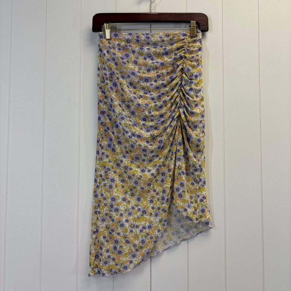 Stitch & Pine Y2K Fairy Asymmetrical Floral Mesh Skirt Women Size S Lettuce Hem